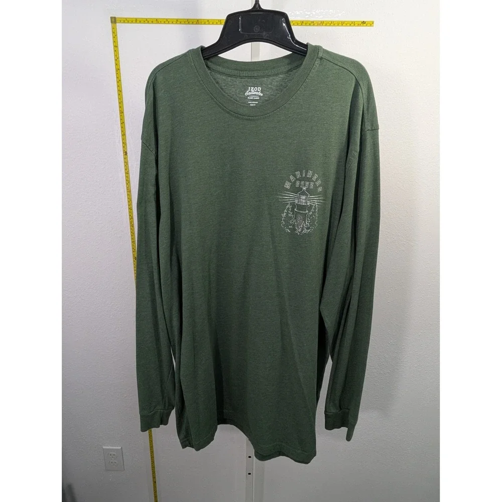 Izod Saltwater Mens‎ 2XLT Green Mariners Cove Lighthouse Long Sleeve T-Shirt